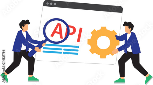 Developers Working on API Integration with Gear and Magnifying Glass Vector
