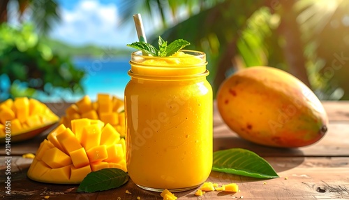A refreshing mango smoothie in a jar with a straw, surrounded by mango slices and a whole mango on a wooden table with a tropical background