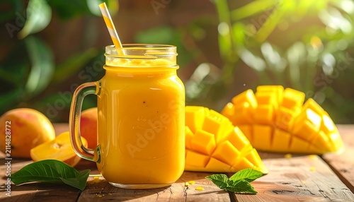 A refreshing mango smoothie in a mason jar with a straw, surrounded by sliced and whole mangoes on a wooden table