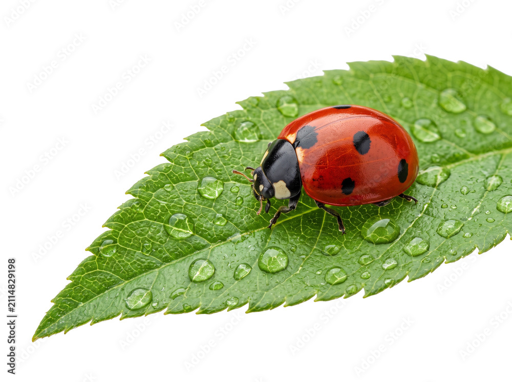 Fototapeta premium Red ladybug on green leaf with water drops macro shot isolated on black background, detailed insect crawling on dew fresh foliage, nature ecology concept, vibrant spring garden life photography.