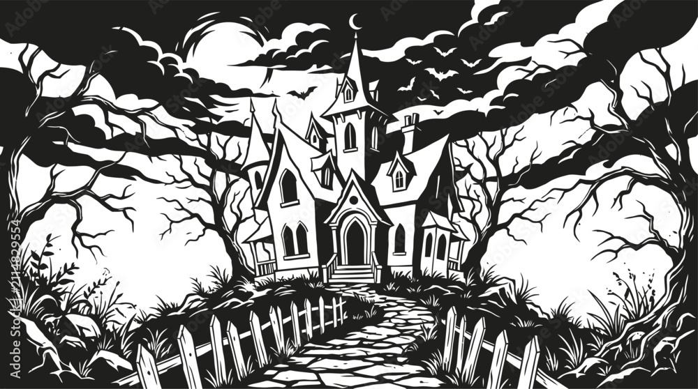 Naklejka premium Spooky haunted house illustration featuring a dark gothic mansion with trees and a moon accompanied by happy halloween lettering calligraphy design
