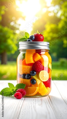 A refreshing mason jar filled with mixed fruits on a wooden table outdoors