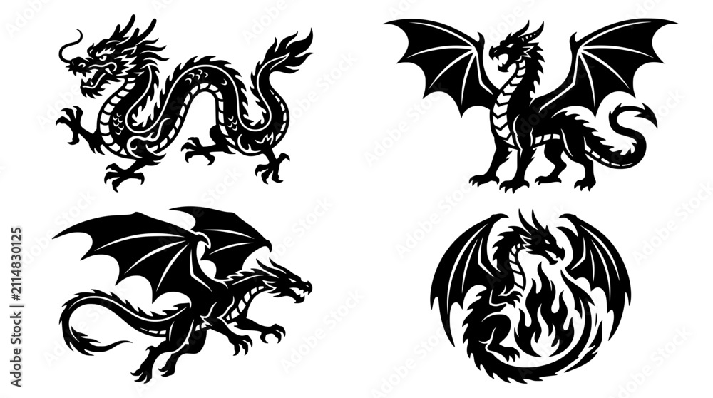 Fototapeta premium Black dragon silhouettes set. Mythical creature icons for fantasy design and logos.