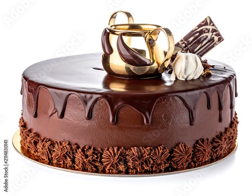 A rich, round chocolate cake with golden decorations and chocolate drizzle