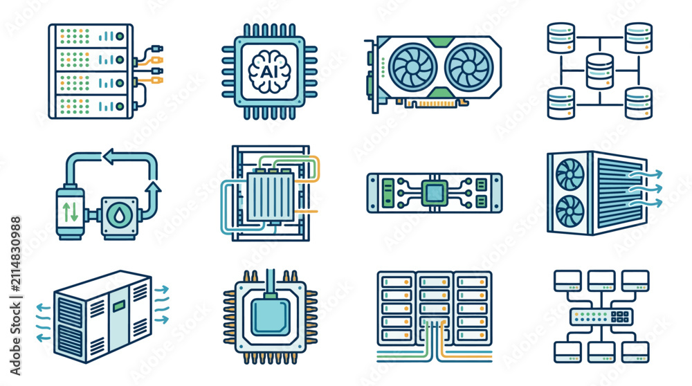 Fototapeta premium Dynamic Illustrated Guide to Modern Data Centers AI GPUs and Server Components with Cooling Systems