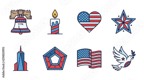 Patriotic Usa National Symbols Vector Set for Holiday and Remembrance Designs, Patriot Day