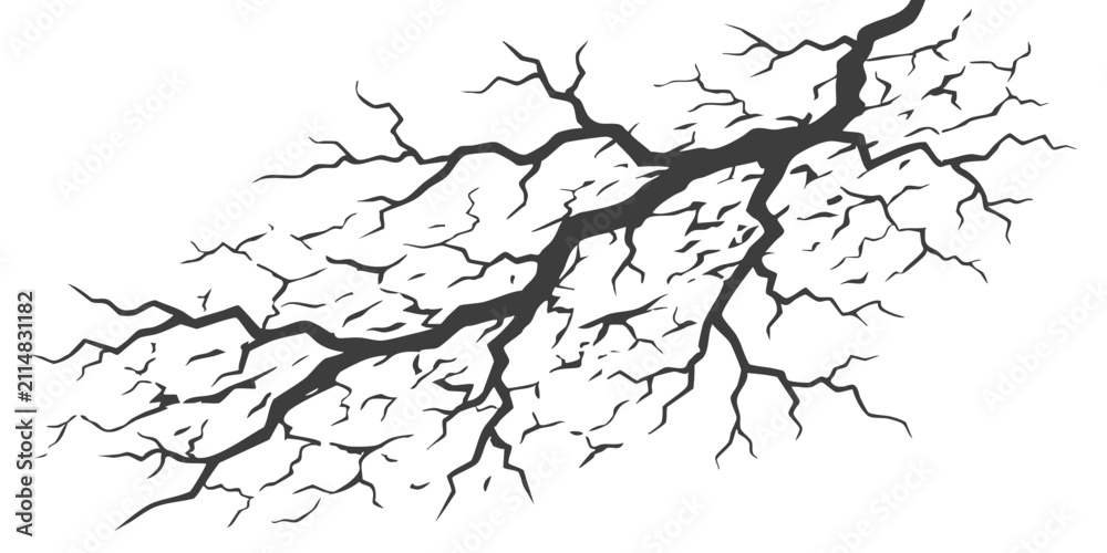 Fototapeta premium Black ink drawing of a large ground crack pattern with small fractures spreading out in a horizontal design