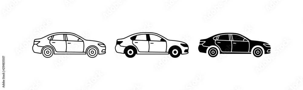 Fototapeta premium Three Sedan Cars, Black and White Line Art, Automotive Icons for Transport and Travel