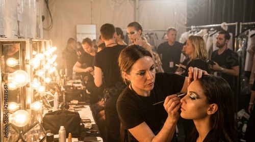 Professional makeup artist applying makeup to model backstage at fashion show with illuminated mirrors