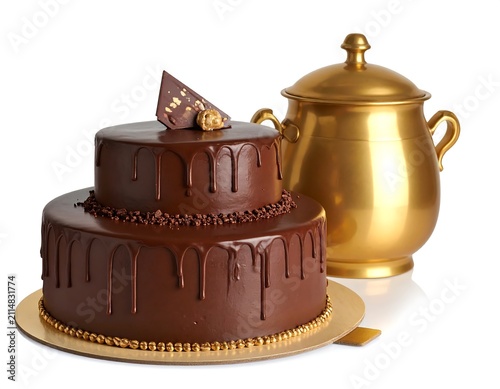 A rich, two-tiered chocolate cake with gold accents next to a gold teapot