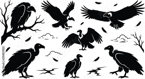 Konstfotografi Vulture Bird Silhouette Collection with Flying, Perching, Standing, Tree Branche