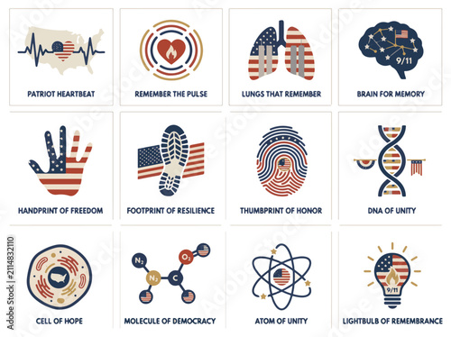 Patriotism Vector Icons Collection Reflecting American Remembrance Unity and Resilience, Patriot Day