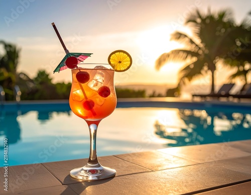 A refreshing orange cocktail with ice, cherries, and a mini umbrella on a poolside table at sunset