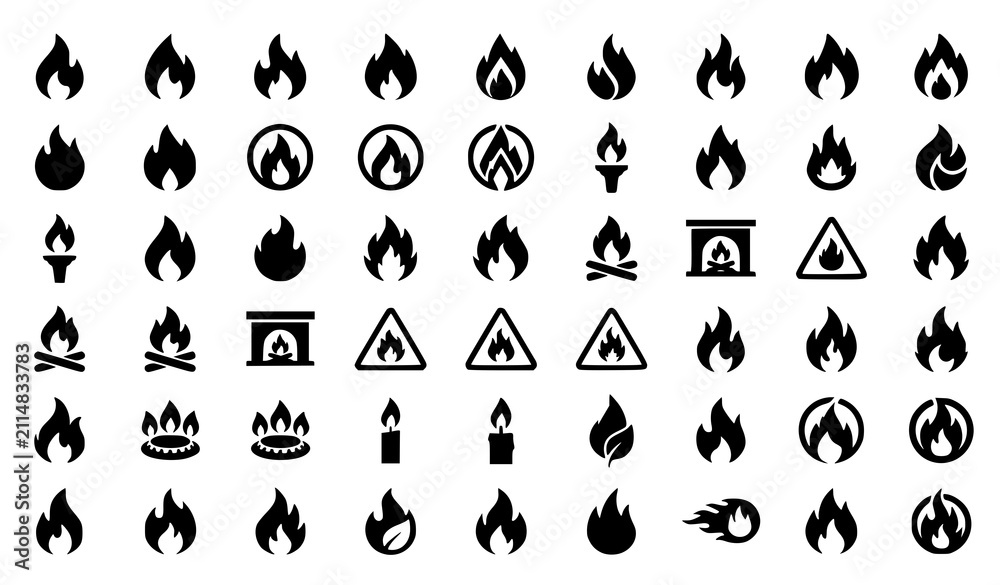 Obraz premium SEO Title: Flat Fire Flame Icon Pack with Modern Heat and Energy Symbols Vector Isolated on Solid White Background