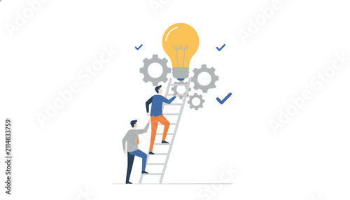 Two businessmen climb a tall ladder reaching for a giant lightbulb and gears symbolizing innovation and project success checklist.