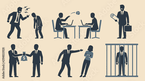 Cuadro en lienzo Business Conflict, Ethics, Crime, and Legal Consequences Vector Icons