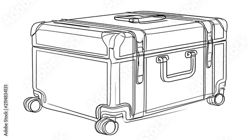 Line art of rolling suitcase on white background.