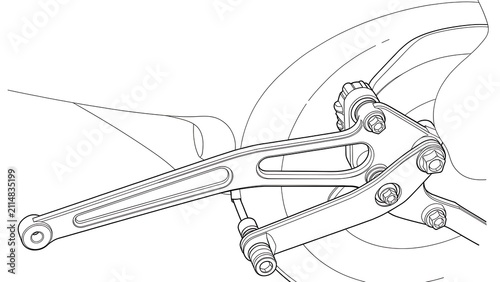 Mechanical linkage assembly on white background.