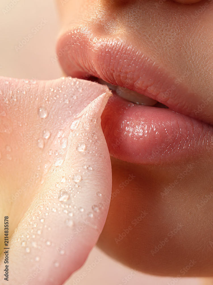 Fototapeta premium Close-up view of a person's lips with a prominent rose petal, showcasing natural beauty and delicate textures. These droplets add a sense of freshness and natural beauty to the image.