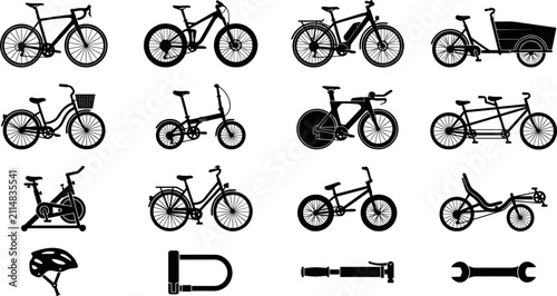 Bicycle silhouette icon set featuring mountain road city electric cargo folding tandem bmx and stationary exercise bikes with cycling accessories vector illustration