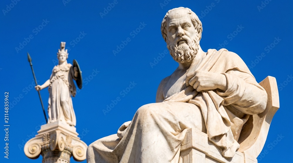 Obraz premium Ancient marble sculptures representing philosophical wisdom and mythological strength under clear blue sky