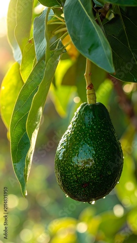 A ripe avocado hangs from a tree branch surrounded by green leaves