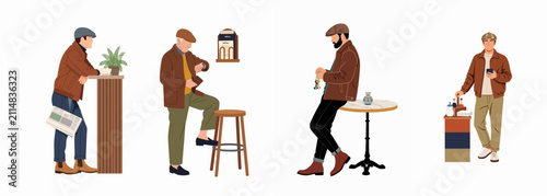 Cuadro en lienzo Four stylish men in casual vintage attire, including newsboy caps and brown jackets, posing in various cafe-themed settings against a white background