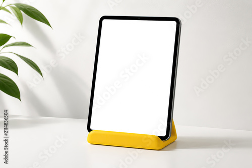 The image depicts a tablet with a black frame resting on a yellow stand. The background is a plain, light-colored surface that provides no distractions from the main subject.