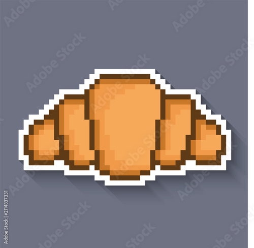 Croissant pixel art icon with long shadow sticker 8 bit vector for computer game logo