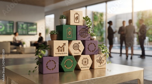 Stack of wooden cubes with sustainability icons representing corporate social responsibility and eco-friendly business strategy in modern office