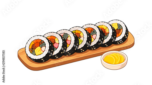 Fotografie Kimbap slices on a wooden serving board with pickled radish