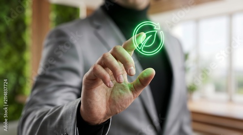 Professional businessman touching glowing eco friendly leaf recycle icon for sustainable business and environmental technology solutions