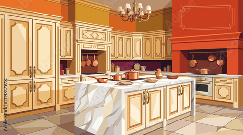 Bild auf Leinwand French style classic kitchen cabinets with elegant carved details, white marble island, antique brass handles, luxurious residential kitchen, realistic vector illustration, premium background