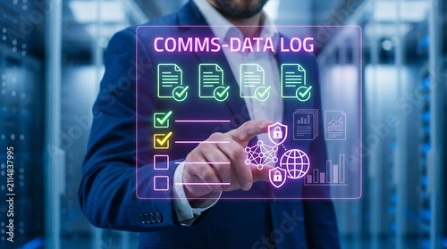 Professional hand touching comms data log holographic interface in server room