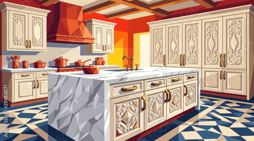 Canvas Print French style classic kitchen cabinets with elegant carved details, white marble island, antique brass handles, luxurious residential kitchen, realistic vector illustration, premium background