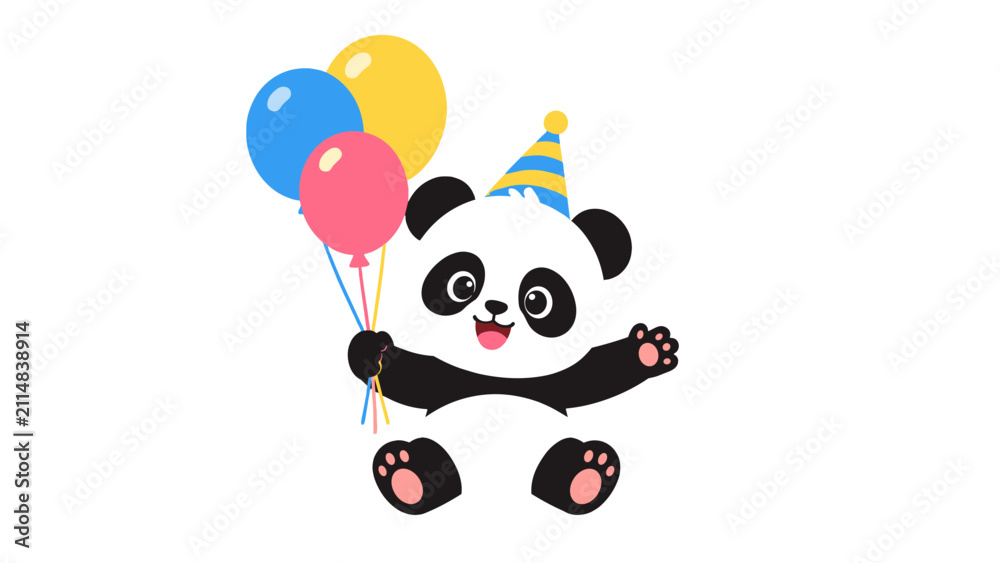 Fototapeta premium Cute cartoon panda with balloons and party hat