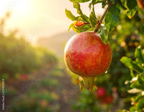 A ripe pomegranate hangs from a lush green tree branch with blurred orchard and sunset background
