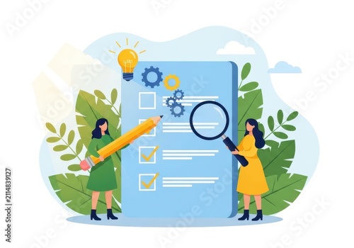 Business women checking a todo list with a pencil and magnifying glass