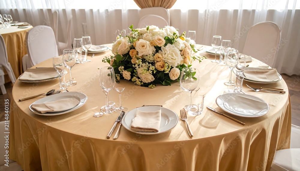 Fototapeta premium A round dining table set with gold tablecloth, floral centerpiece, and fine china