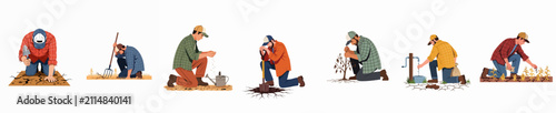 Set of illustrations depicting farmers struggling with drought, hard manual labor, and agricultural challenges on dry, cracked earth.