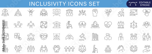 Inclusivity diversity community support accessibility equality social inclusion line editable icon set. Editable Stroke. Vector