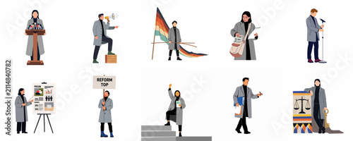 Vector illustration set of diverse people engaged in political activism, social reform, public speaking, and peaceful protest for justice and human rights.