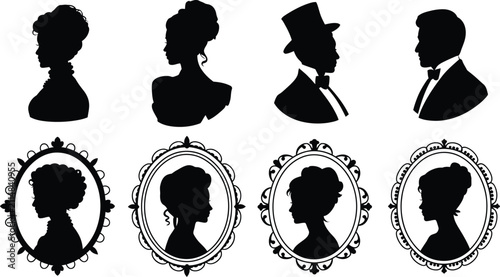 Принти на полотні Minimalist vintage silhouette portrait collection featuring classic Victorian men and women busts inside decorative oval frames for cameo design