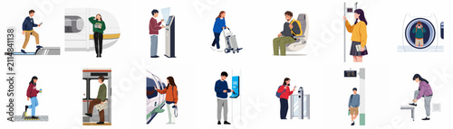 Set of diverse characters engaged in various travel activities including boarding trains, using kiosks, waiting at stations, and traveling by public transport.