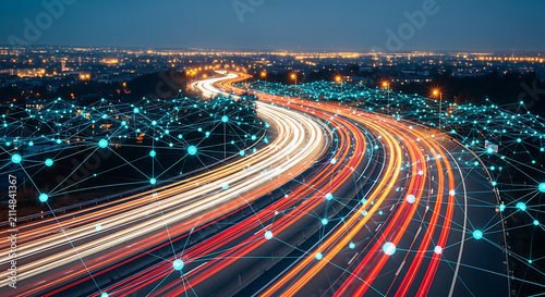 Abstract digital network overlay on a busy highway with light trails at night.