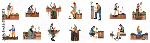 Vector illustration set of soil scientists and agronomists performing field research, excavation, and plant analysis for environmental and agricultural studies.