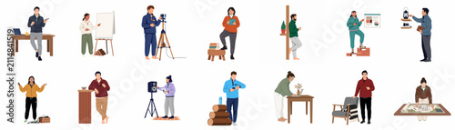Diverse collection of flat vector characters in professional yet comfortable home office settings, engaged in activities like presenting, filming, designing, and remote work.