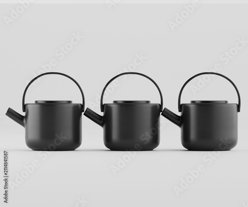 Quadro su tela Three modern matte black teapots on neutral background for homeware kitchen and