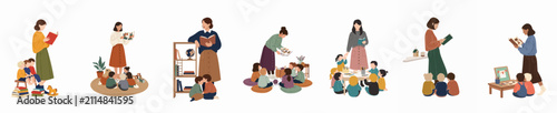 Foto Flat vector illustrations of preschool teachers reading stories, teaching, and engaging in creative activities with groups of diverse young children in a classroom