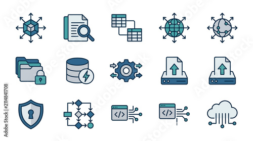 Elegant Collection of Minimalist Icons Showcasing Data Security Cloud and Technology Concepts in Blue Grey Color Palette